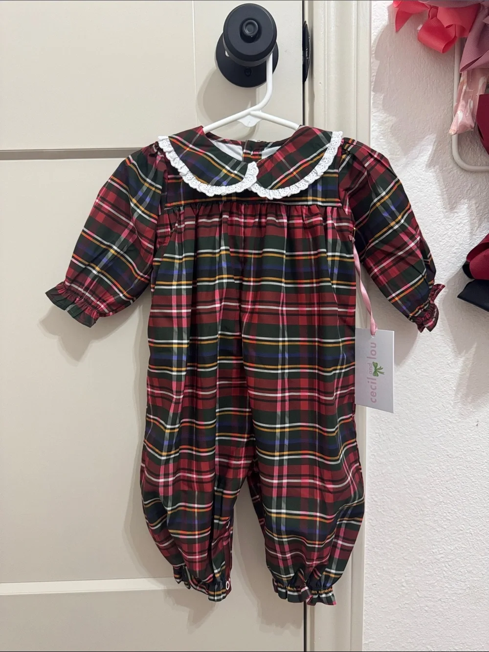 Cecil and Lou Classic Plaid One-Piece Romper with Lace Collar - Red & Green